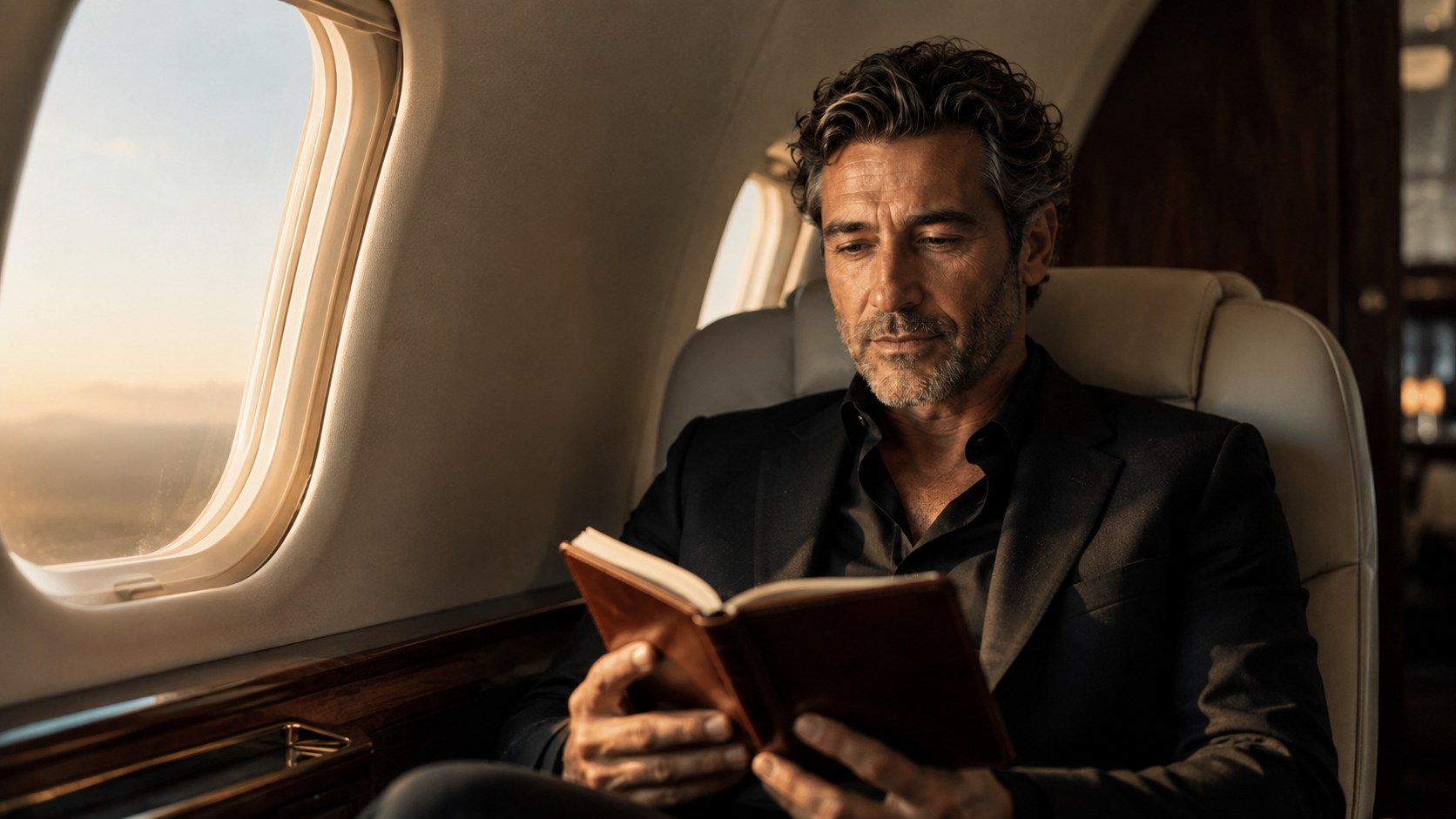 The same Established man reading beside the window of a private jet