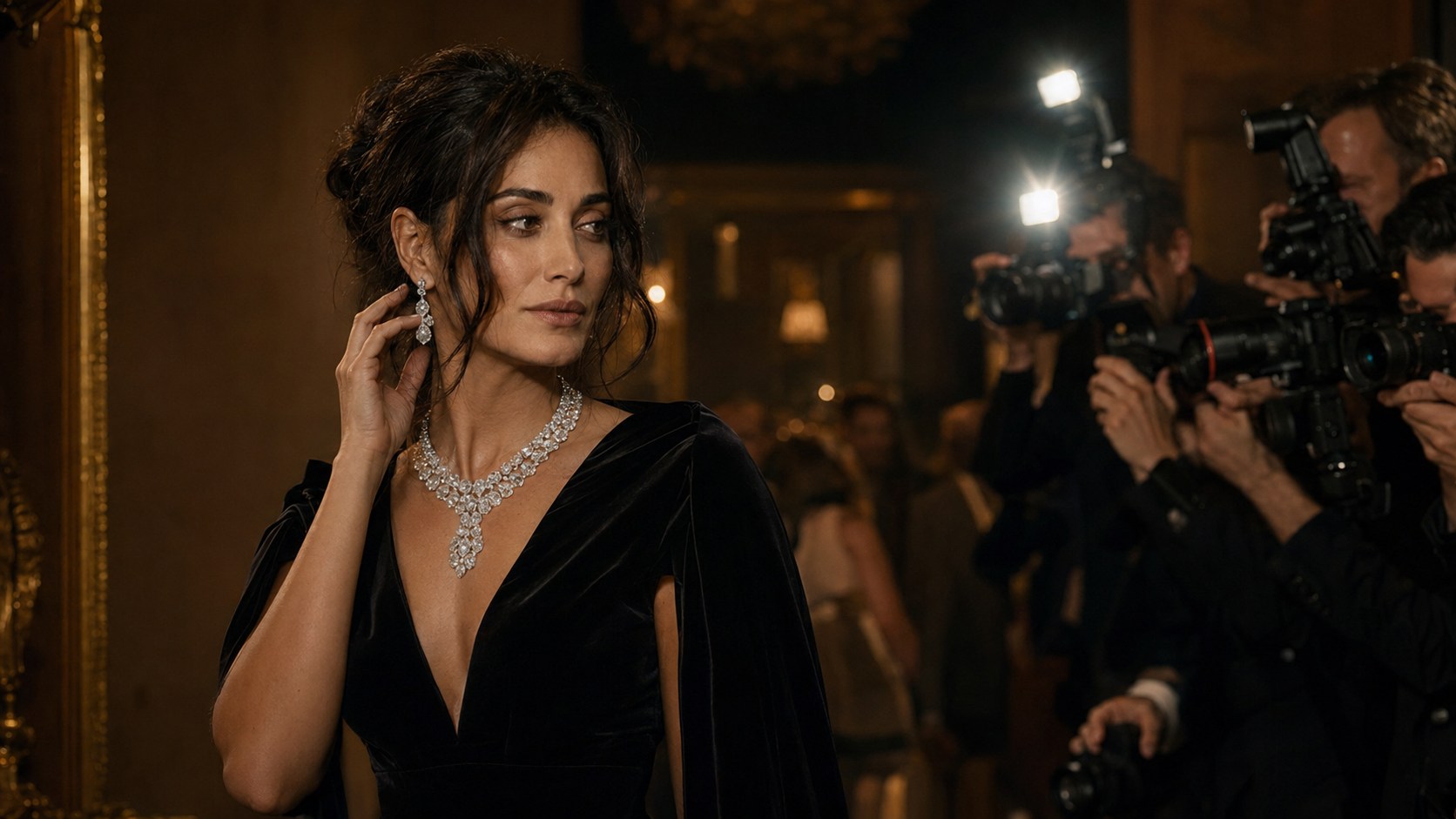 The same Enigma woman posing in diamond jewelry for photographers at a private event